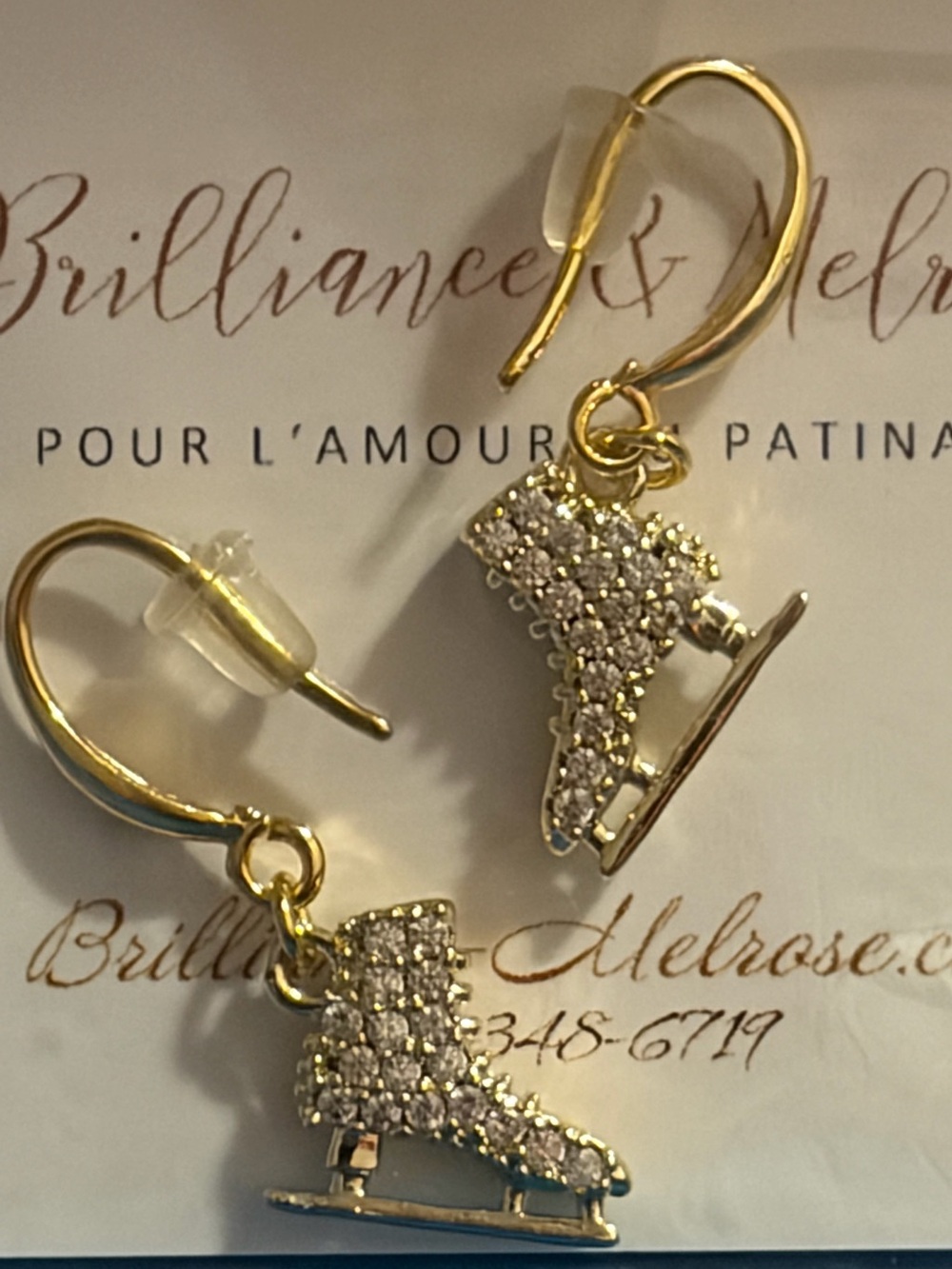 ⛸️Brilliance & Melrose Gold-Tone Pave Rhinestone Ice Skate Dangle Earrings NIP